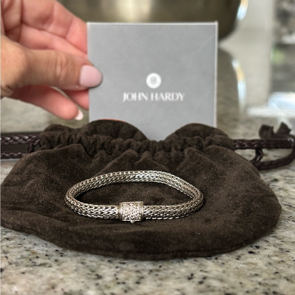 John Hardy Sterling 925 Pave Diamond Wheat Chain Bracelet, Xsmall Size 6.25”
